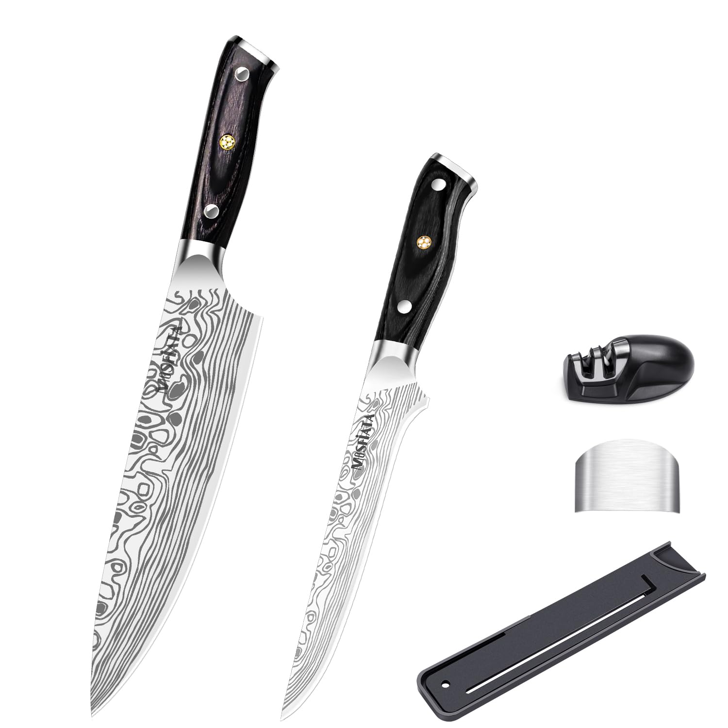 MOSFiATA Cuchillo de Cocinero y Cuchillo Deshuesador, con Funda, Protector de Dedos y Afilador, 20cm y 15,2cm
