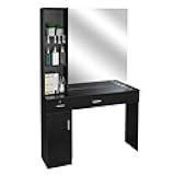OmySalon Barber Station with Mirror, Hair Salon Station for Hair Stylist, Wall Mount Salon Beauty Spa Equipment with 3 Hair Dryer Holders & Open Shelves, 2 Drawers, 1 Storage Cabinet, Black