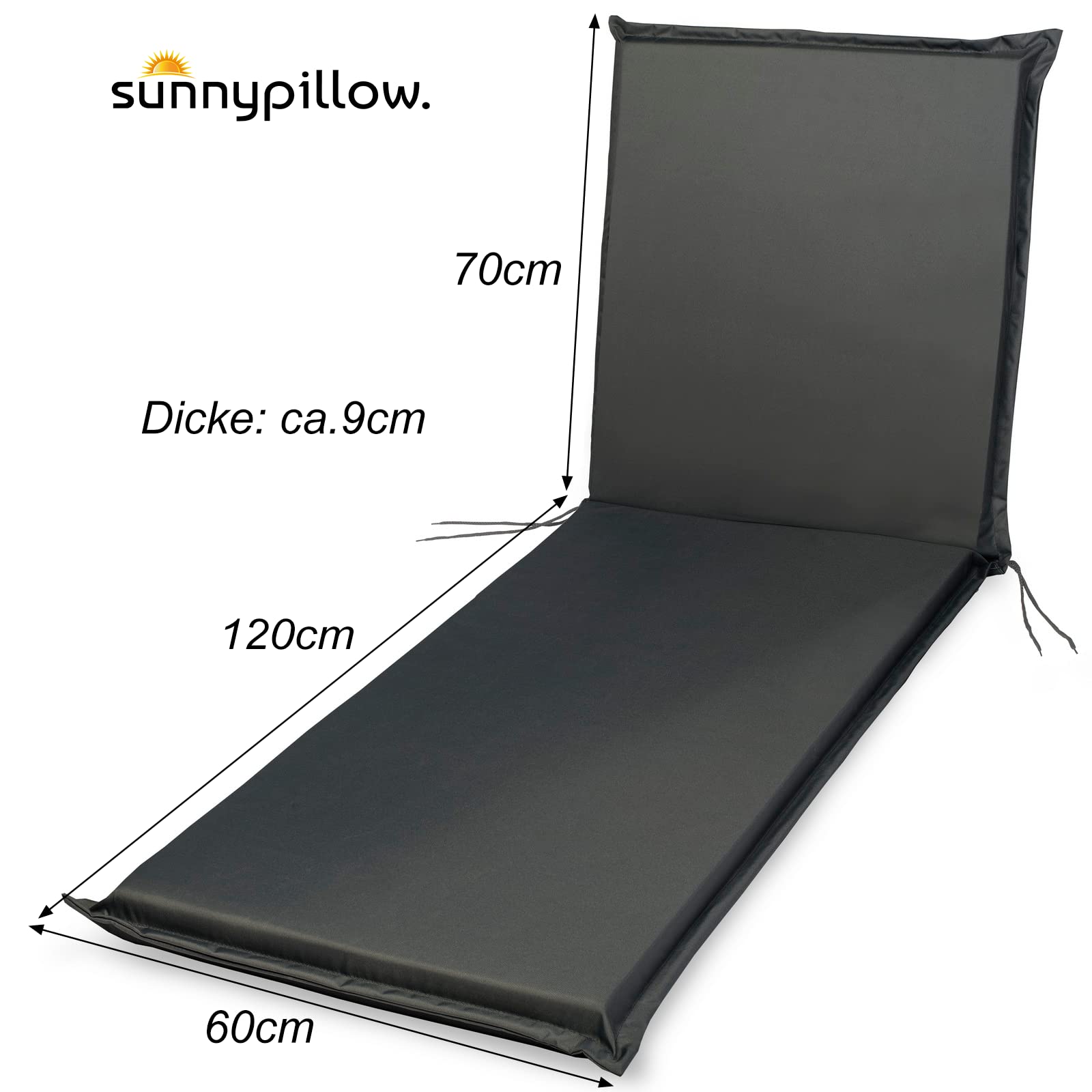 sunnypillow 2er Set Liegenauflagen - Auflage für Sonnenliege 190 x 60 - Polster für Gartenliege extra dick 9cm - Polsterauflagen für Liegen Outdoor, wasserdicht - Kissen für Liegestuhl - Anthrazit