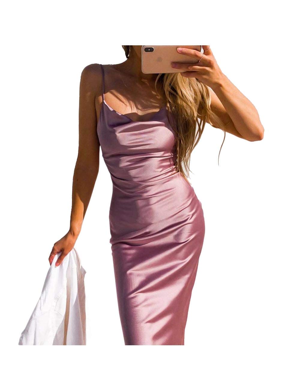 xxxiticat Women's Sleeveless Spaghetti Strap Satin Dress Cocktail Beach Evening Party Cowl Neck Dot Leopard Midi Dresses