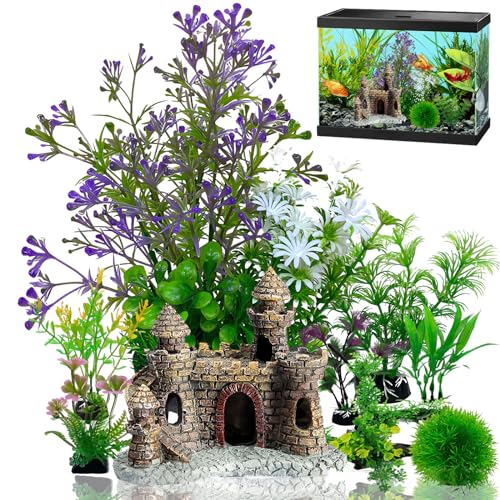Naturezhen 9 Piezas Plantas Artificiales de Acuario, Decoracion para Acuarios, Plantas Plástico Peceras, Roca de Poliresina, Se Puede Utilizar en Peceras y Acuarios
