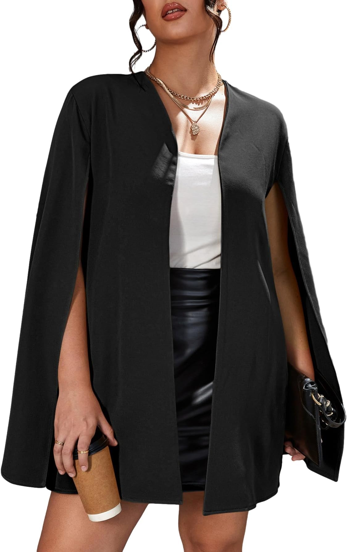 OYOANGLE Women's Plus Size Elegant Cape Blazer Split Long Sleeve Open Front Work Office Jacket Outerwear