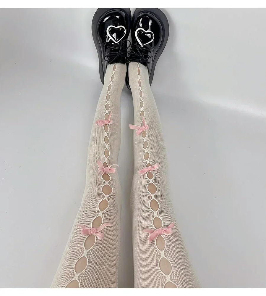 MEIFULLE Lolita Cosplay Girls Bowknot Hollow Out Pantyhose Sexy Thin Ins Tide Lace Tights Anime Socks Black White Fishnet Silk Stockings