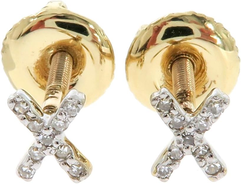 SMALL-TINY 14K Yellow Gold Genuine Real Diamond Initial Letter Stud Earrings With Screw Backs[ASSORTED]
