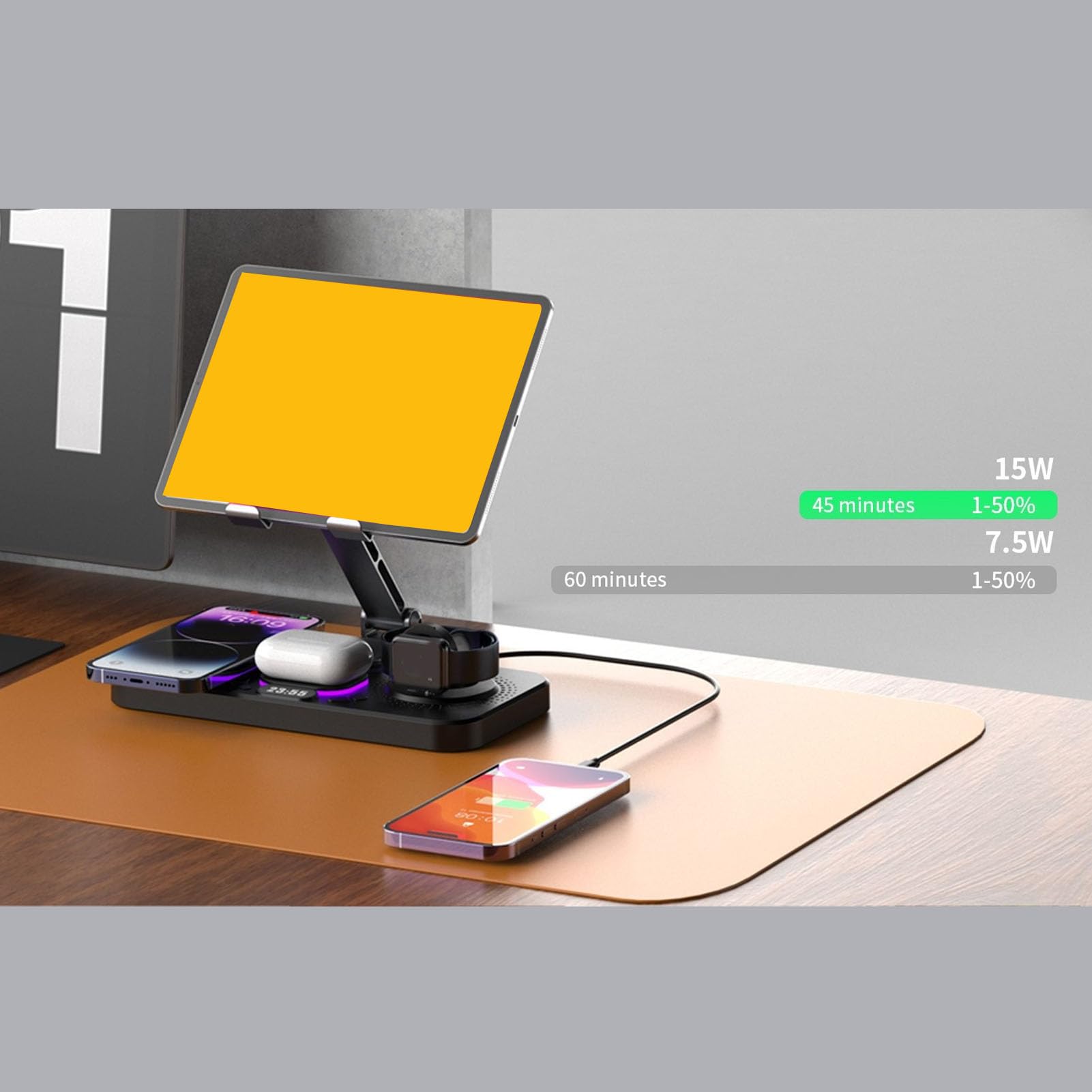 Tangxi 6 en 1 Chargeur sans Fil pour Les Appareils iOS, Station de Charge Rapide 15W avec Horloge Numérique et 6 Lumières Réglables de Couleur, pour la Série 16 15 14 Watch Series 1 à (Black)