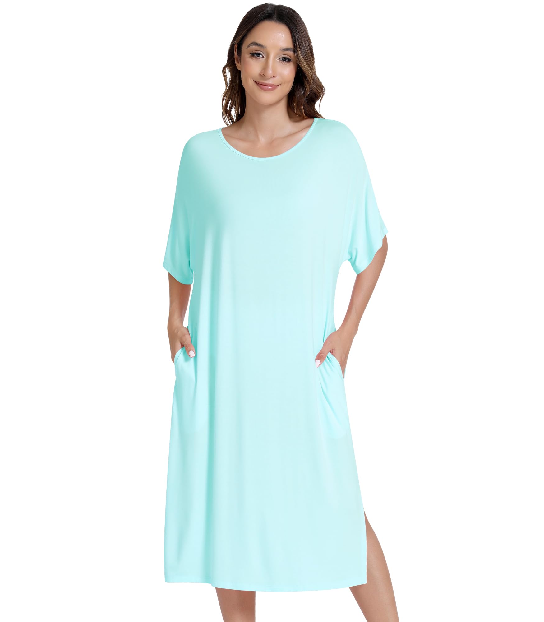NACHILA Women's Nightgowns. Half Sleeve Nightshirt with Pockets. | Viscose Made from Bamboo, Soft Sleepshirts, Half Sleeve Nightshirt, Cool Sleepdress with Pockets