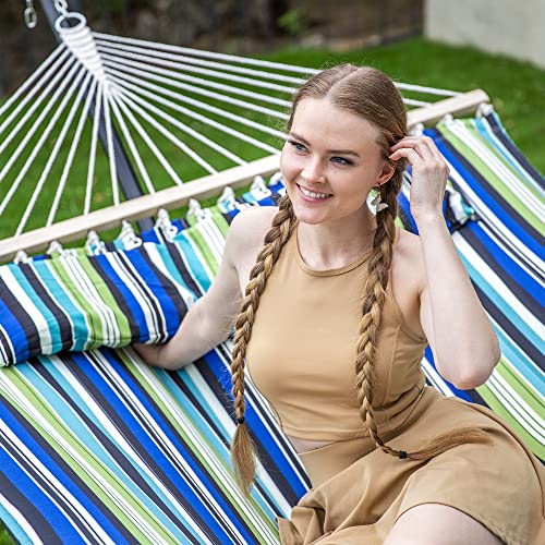 Image of SUNCREAT Hammock with Stand 2 Person Heavy Duty, Freestanding Hammock with Spreader Bar, Soft Pillow, Green Stripes