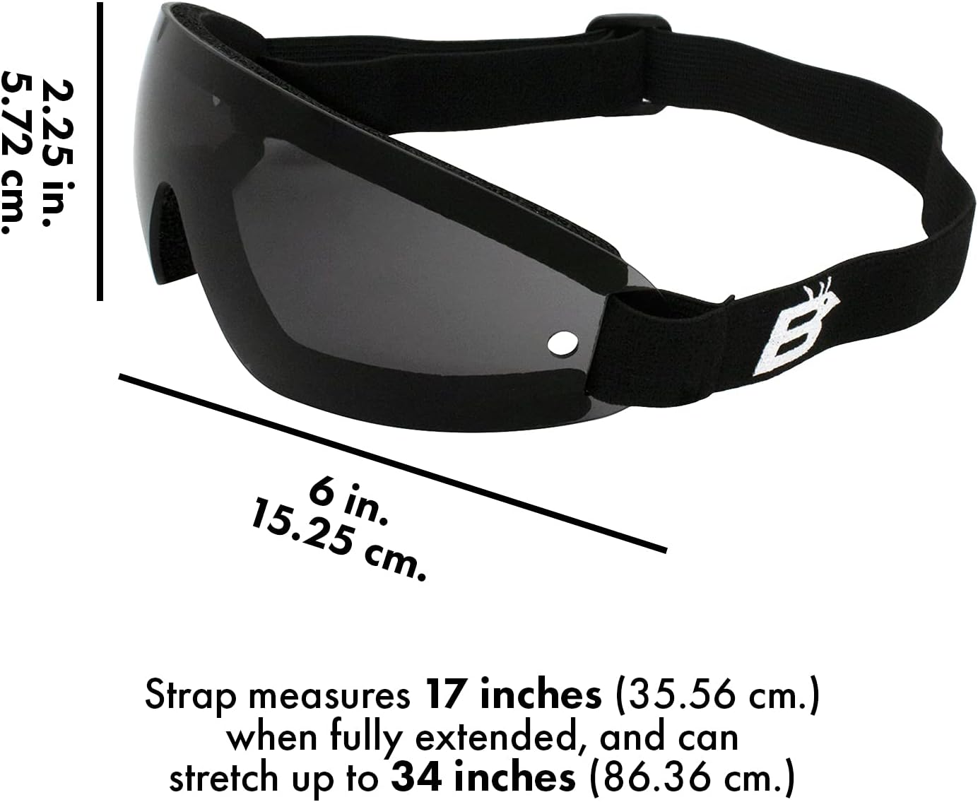 Eyewear Wing Goggles Black Frame Smoke Lens Skydiving Extreme Sports 100% UV Protection Antifog Coated Adjustable Strap Peripheral Vision Neoprene Foam Padding Shatterproof Lens Microfiber Bag