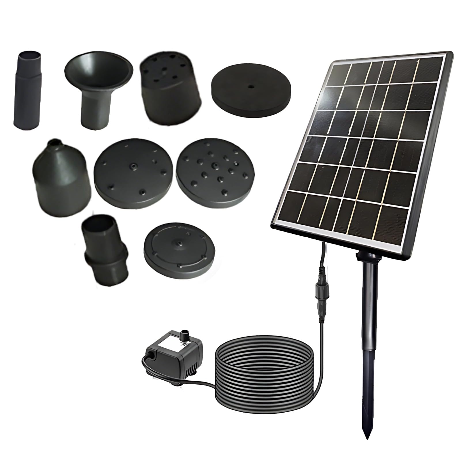 Solarna pompa fontannowa z oddzielnym panelem 5 W, maksymalny przepływ 92 GPH, przewód 3 m, pływająca fontanna dla ptaków, 4 dysze, konstrukcja ze szkła hartowanego, podwójna filtracja, ochrona przed