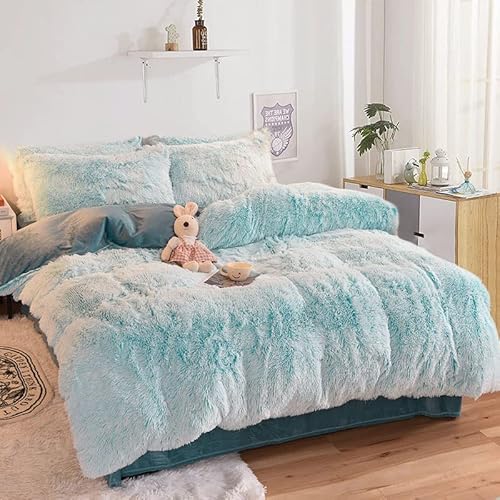 Menghomeus Fluffy Duvet Cover Set Queen, Blue Duvet Cover Set Fuzzy Plush Shaggy Luxury Ultra Soft Bedding Sets 3 Pieces (1 Duvet Cover + 2 Pillow Cases) Zipper Closure, No Comforter #TOP1