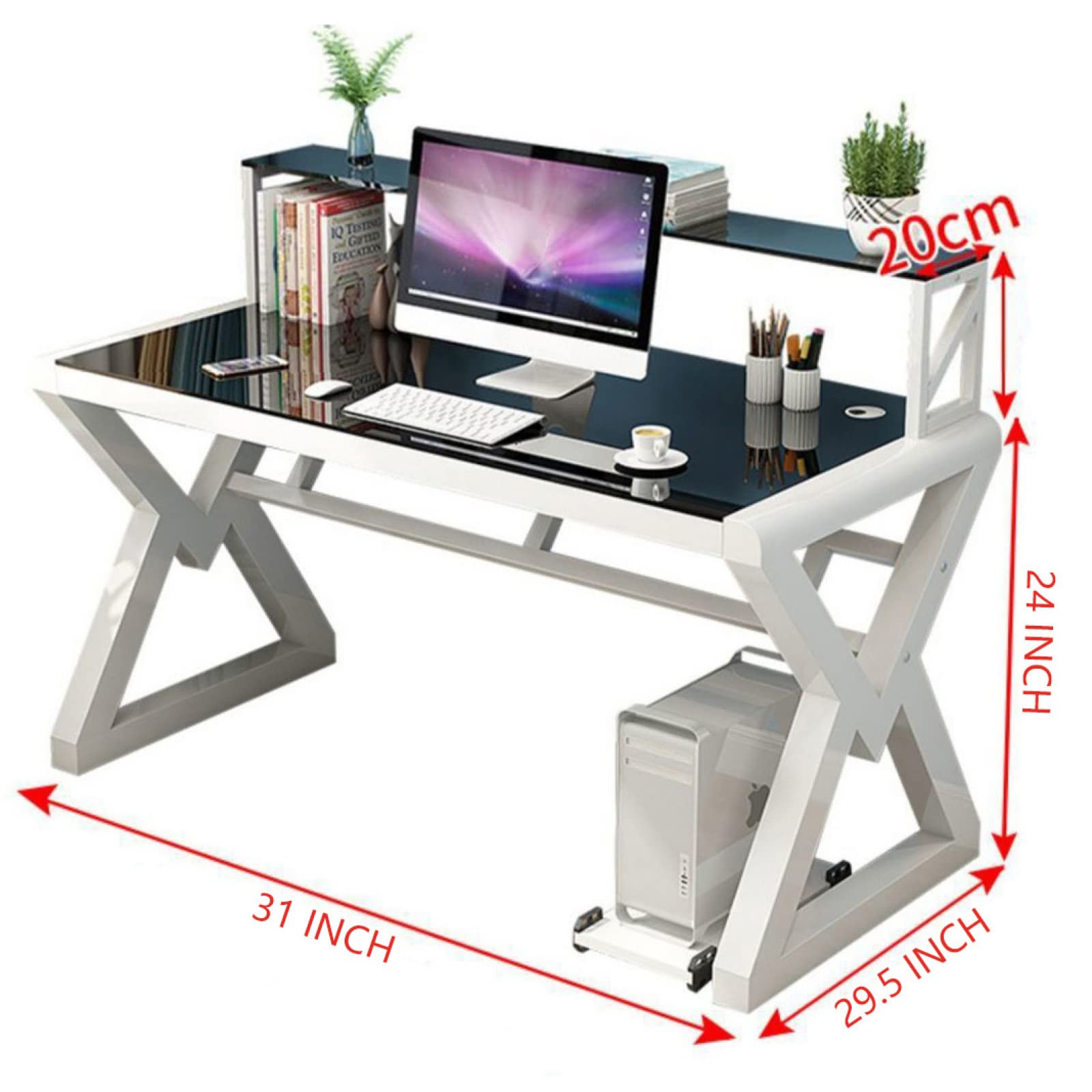Scrivania per computer in vetro temperato con libreria, moderna e semplice, per casa e ufficio, scrivania per studenti, postazione di lavoro, facile da montare
