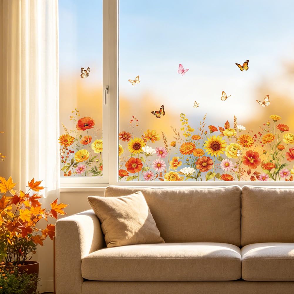 ANATTASOUL Autumn Wildflowers Static Window Stickers for Home Decoration