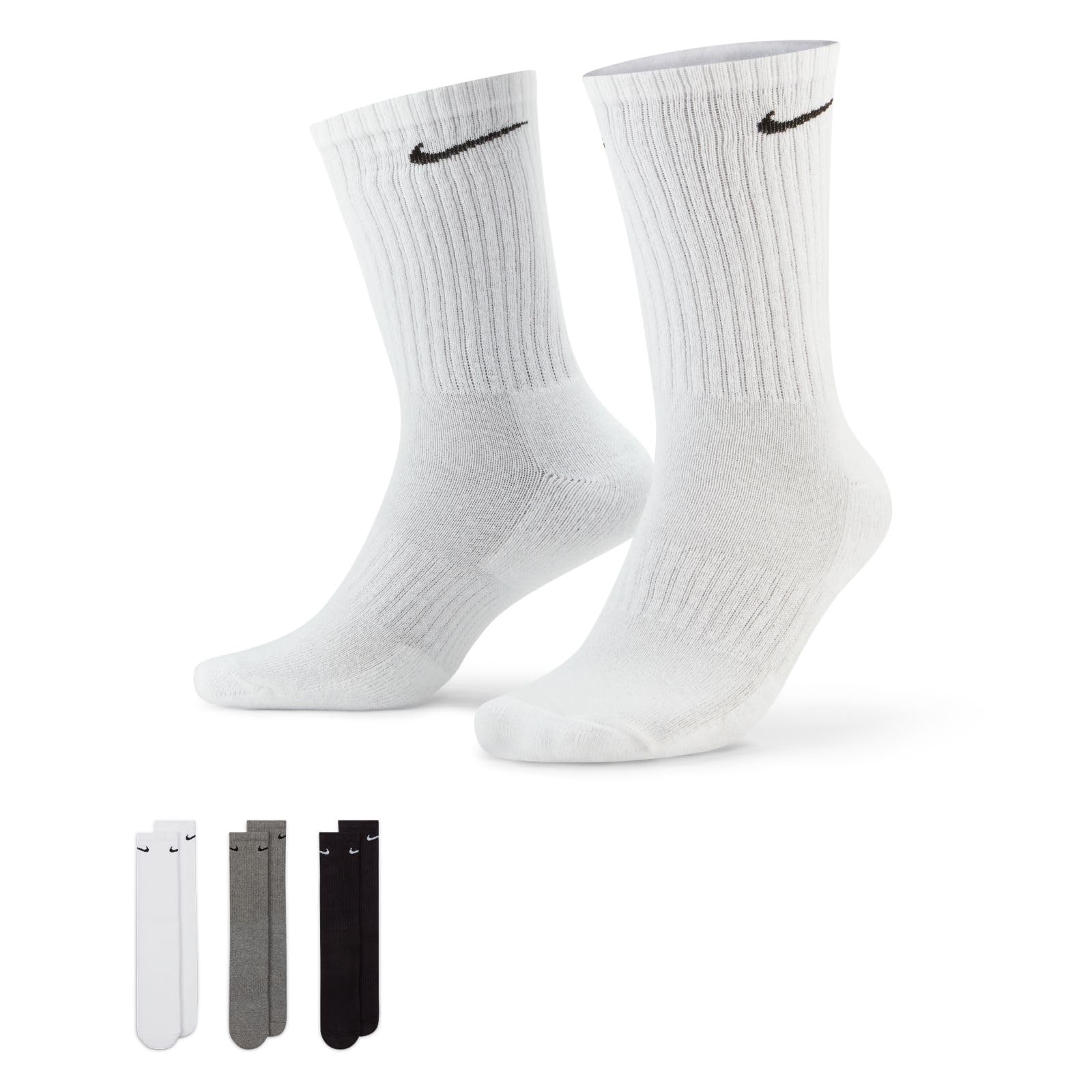 Nike unisex-adult Everyday Cushion Crew 3 Pack 3 Pair Socks (pack of 3) L White(Black)/Carbon Heather(Black)/Black(White)