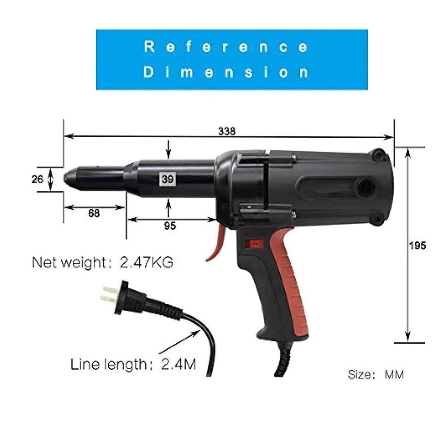 Elektryczny pistolet do nitowania, 16000N wytrzymała ręczna nitownica do 4,0-6,4 mm, nitownica do nitów metalowych