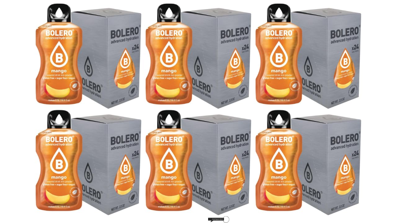 6 x Bolero Drinks Mango – je 24 x 9 g Getränkepulver ohne Zucker – Mit Stevia gesüßt & Vitamin C – Glutenfrei, Vegan,+ Italy Shop Service Kostenloser Schlüsselanhänger