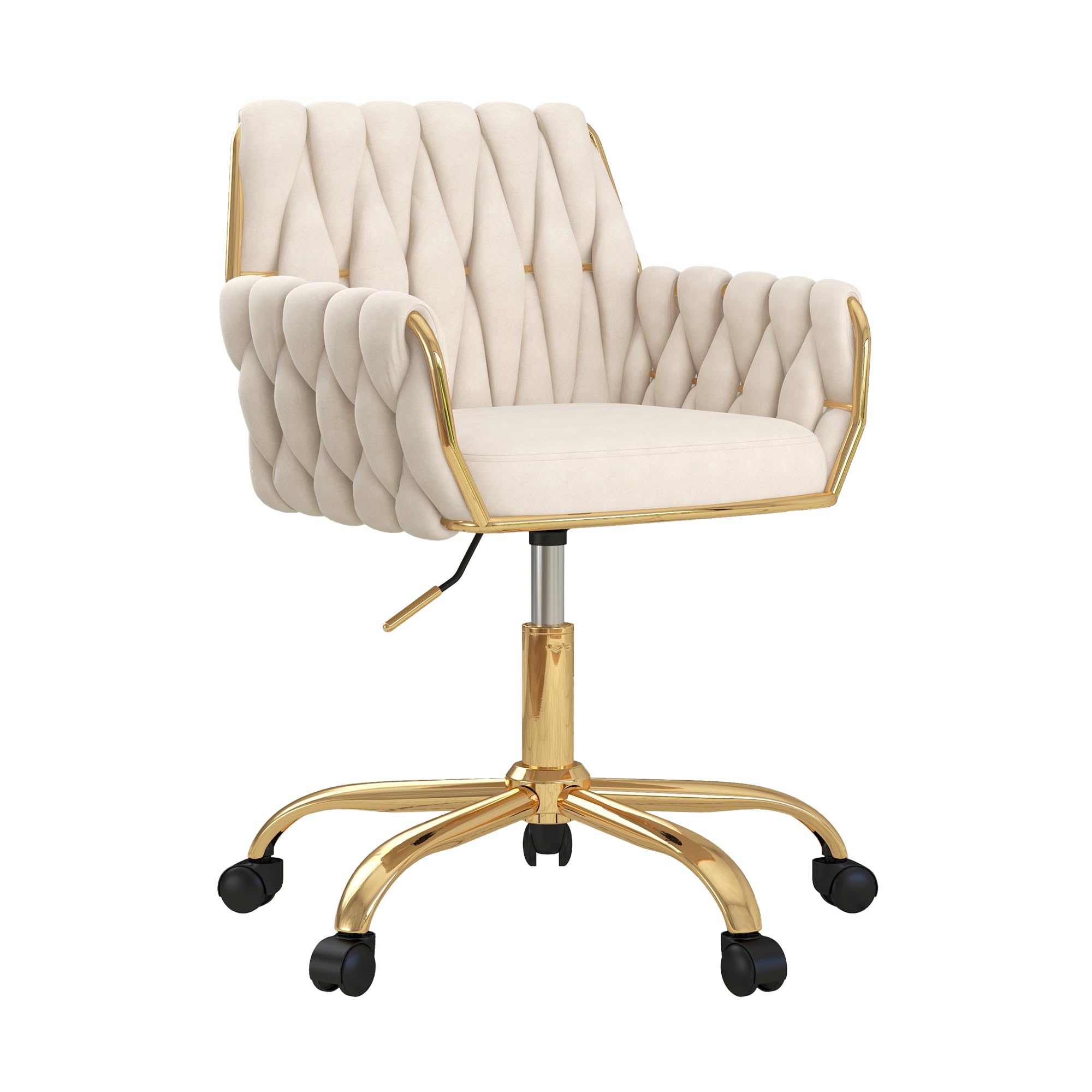 Gentlemoods Velvet Home Office Chair, Modern Height-Adjustable Vanity Chair with Golden Base and Hand-Woven Backrest for Bedroom/Study/Vanity (Beige)