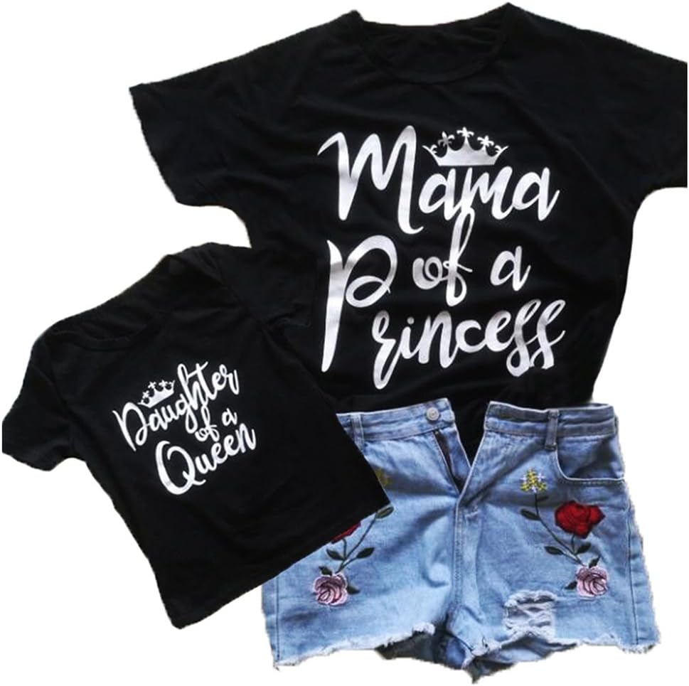 Exquise fille Mom and Daughter Matching Outfits Short Sleeves Letters Print Mommy and Me Shirts Clothes(Daughter of a Queen,S)