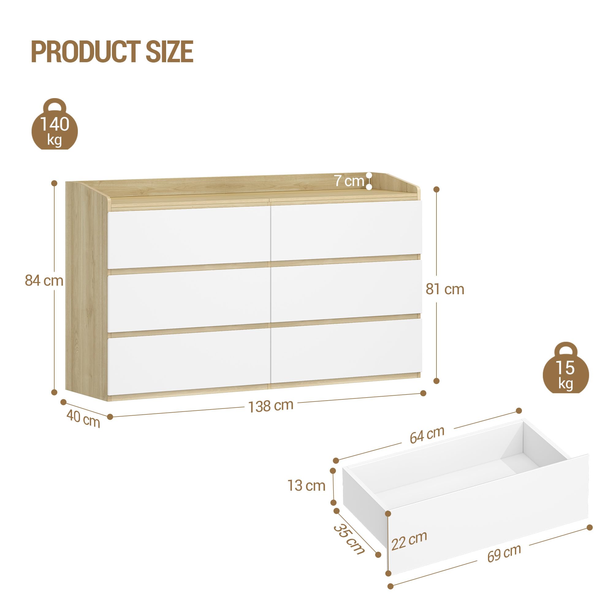 Hzuaneri Commode 40x138x84cm,6 tiroirs rambarde chêne-Blanc | Coulisses silencieuses, rebords anti-chute, patins anti-rayures, anti-bascule. Salon/chambre.FSC chêne-blanc. Réf. DC32631X.