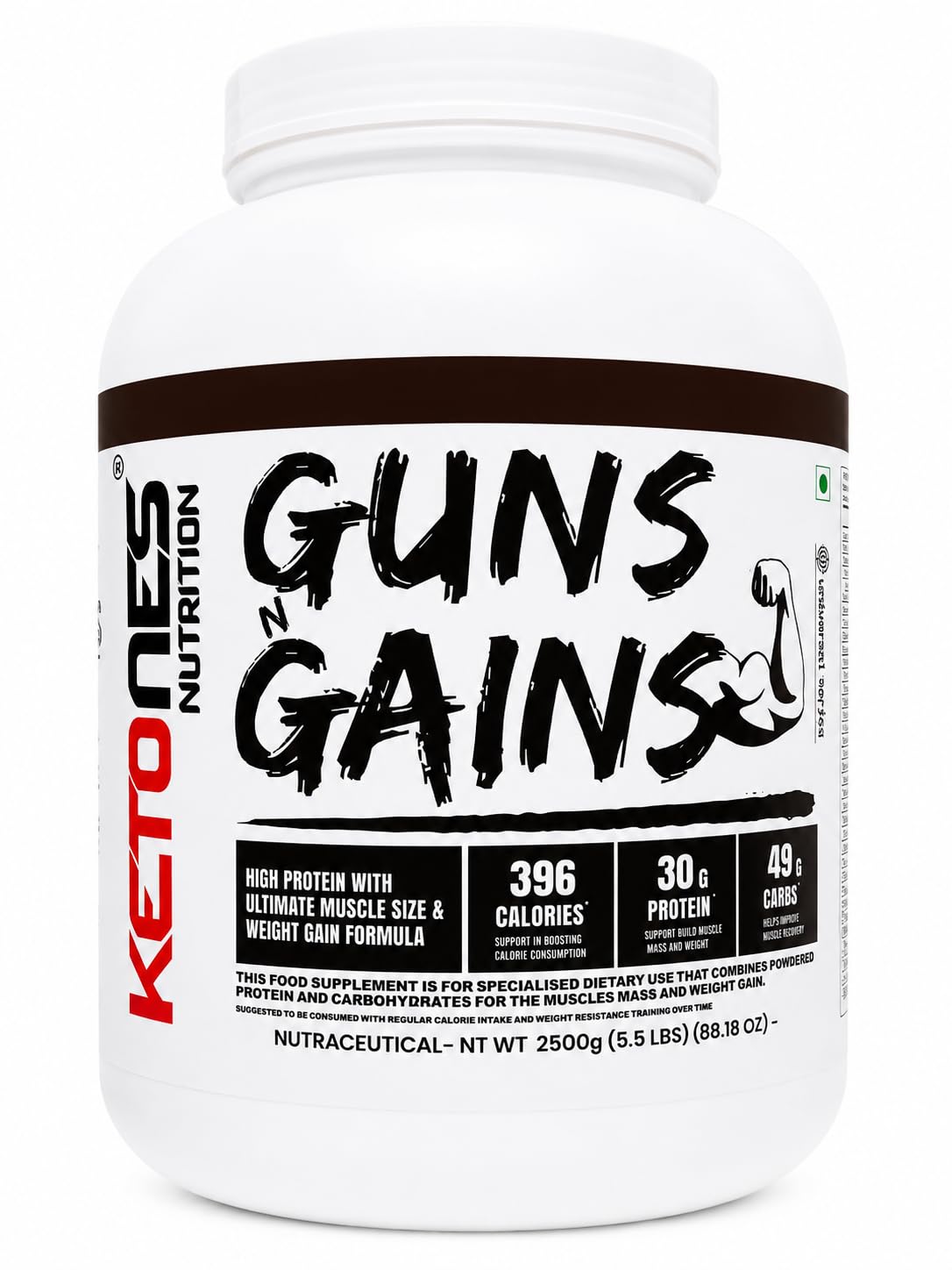 Ketones Nutrition Guns N Gains Mass Gainer Chocolate 2.5kg | 30g Protein per Serving, 396 Calories per Serving, BCAA, L-Glutamine & L-Arginine, Low in Sugar, 30 Servings-image-21