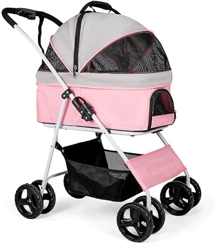 Dog Stroller for Medium Small Dogs 40 Lbs Foldable 4-Wheel Pet/cat Stroller with Detachable Carrier Breathable Dog Pram Large Capacity Net Bag