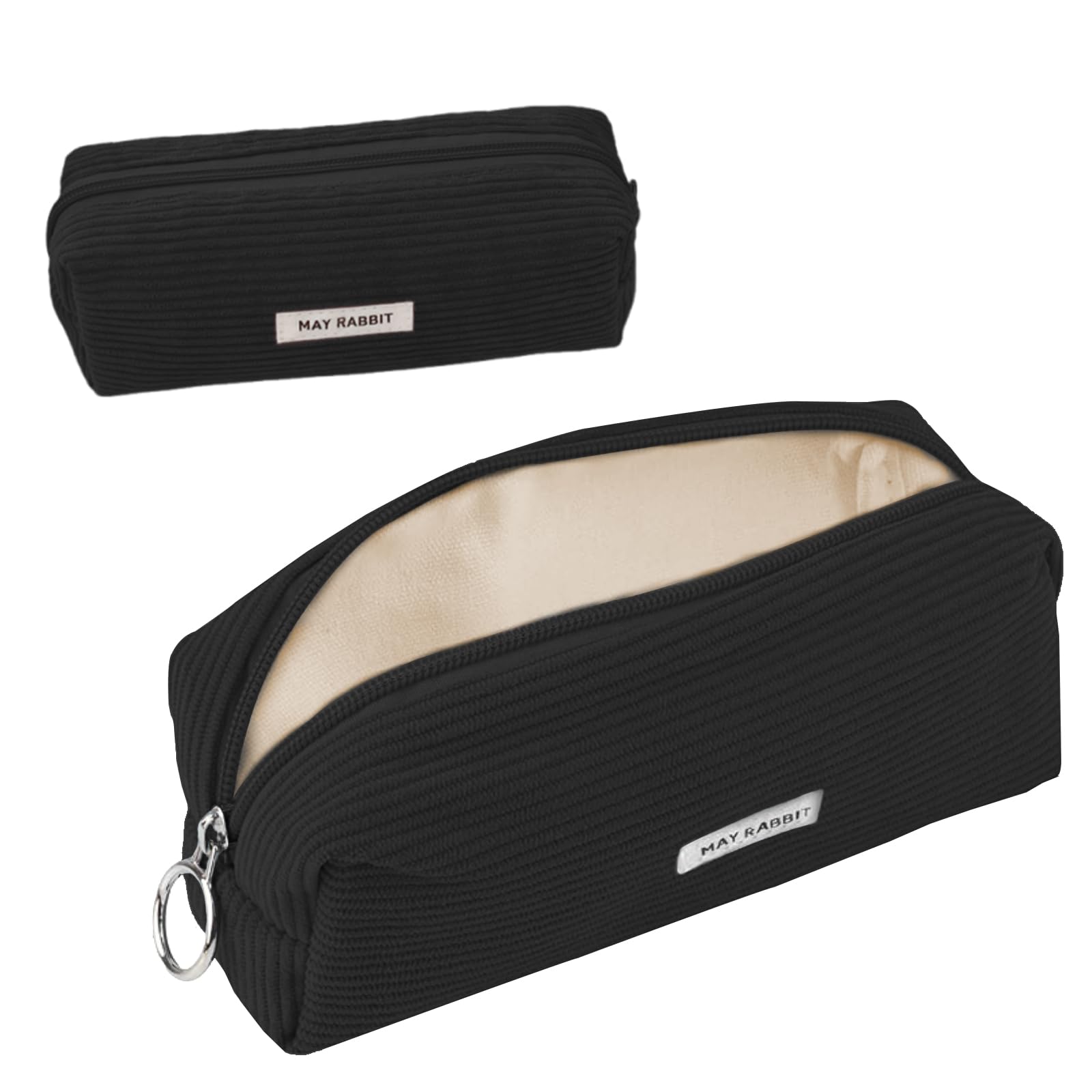 huoflame Federmäppchen Cord-Stoff – Großes Retro Mäppchen für Schule Büro Teenager Damen – Kosmetiktasche & Stiftetasche mit Reißverschluss, Rosa & Schwarz, Cord Mäppchen Geschenkidee (Schwarz)