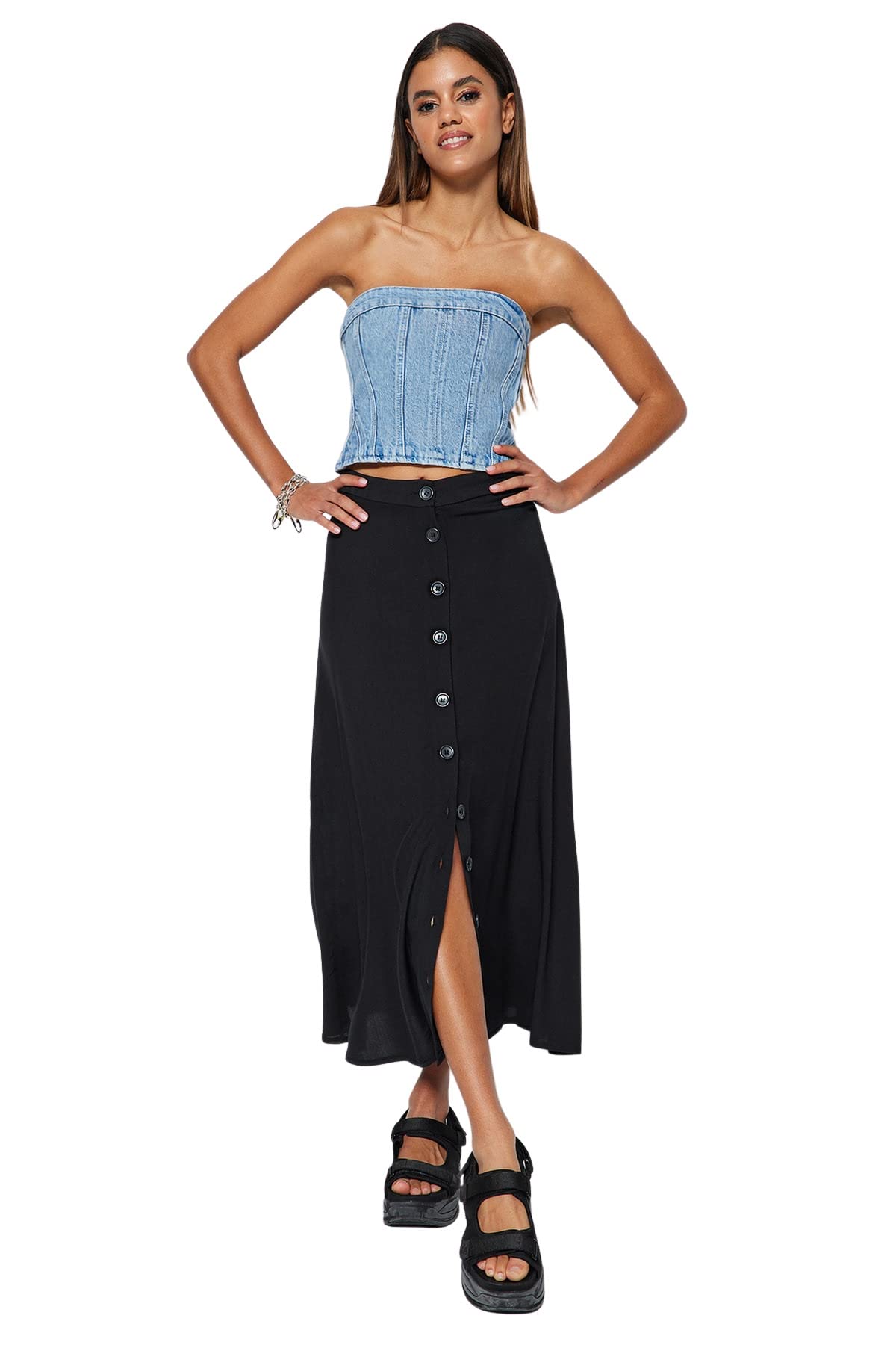 Trendyol Damen Schwarz Women Midi Flared Skirt Woven Skirt Baby Rock, Black,
