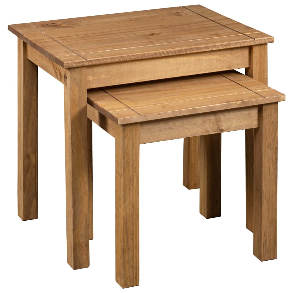 Set di 2 tavolini in legno massello di pino naturale | Tavolini versatili in legno dal design rustico per soggiorno e camera da letto, impilabili e facili da pulire.