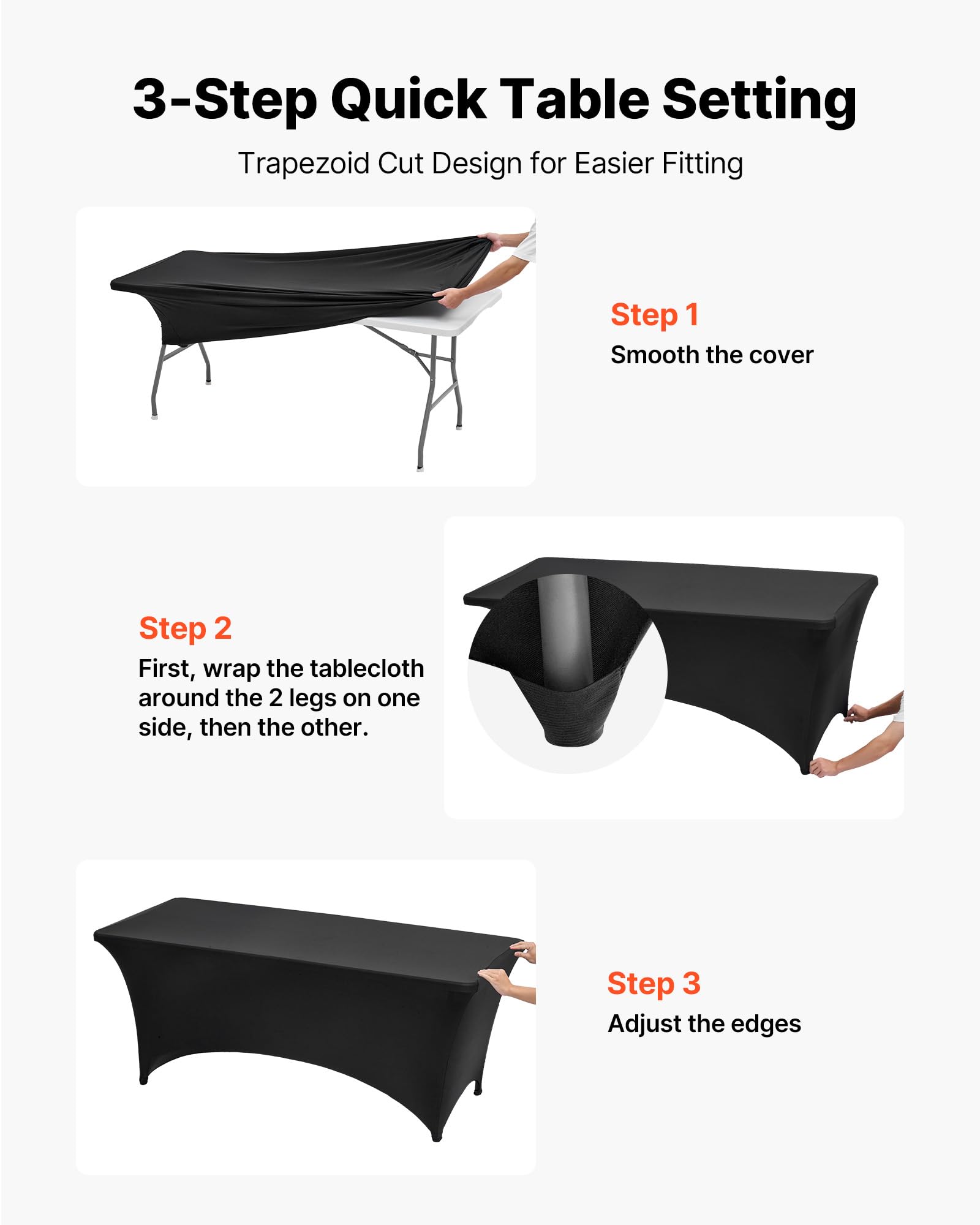 VEVOR Nappe extensible rectangulaire 183 x 76 x 76 cm, couverture de table infroissable en polyester et élasthanne, lot de 10, lavable en machine, pour fête, mariage, cocktail, banquet, festival, noir