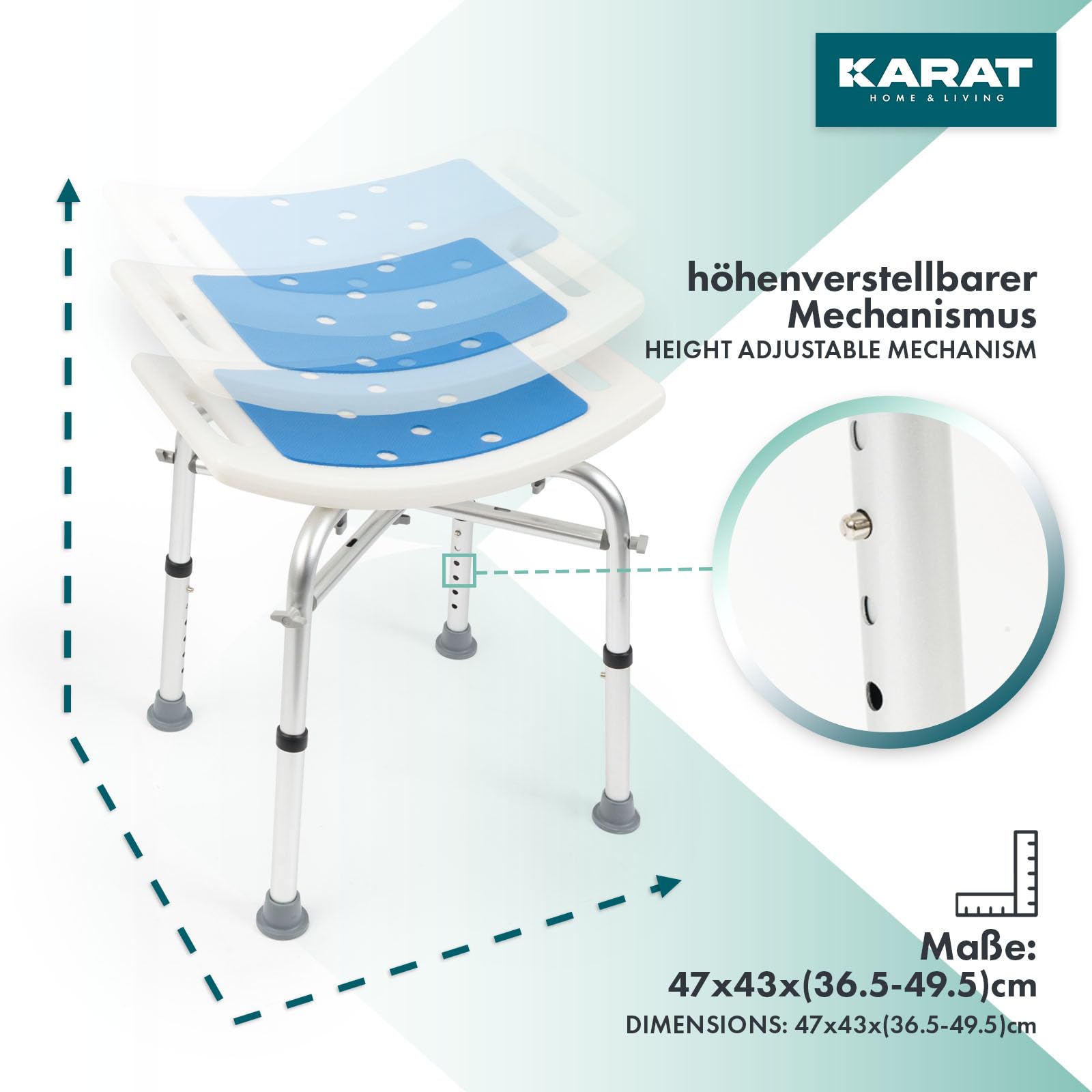 KARAT Taburete de Ducha - Altura Regulable 38-53 cm - Soporta Hasta 136 kg - Asiento de Ducha Antideslizante y Estable - Taburete de Bañera Con Patas de Goma Antideslizantes