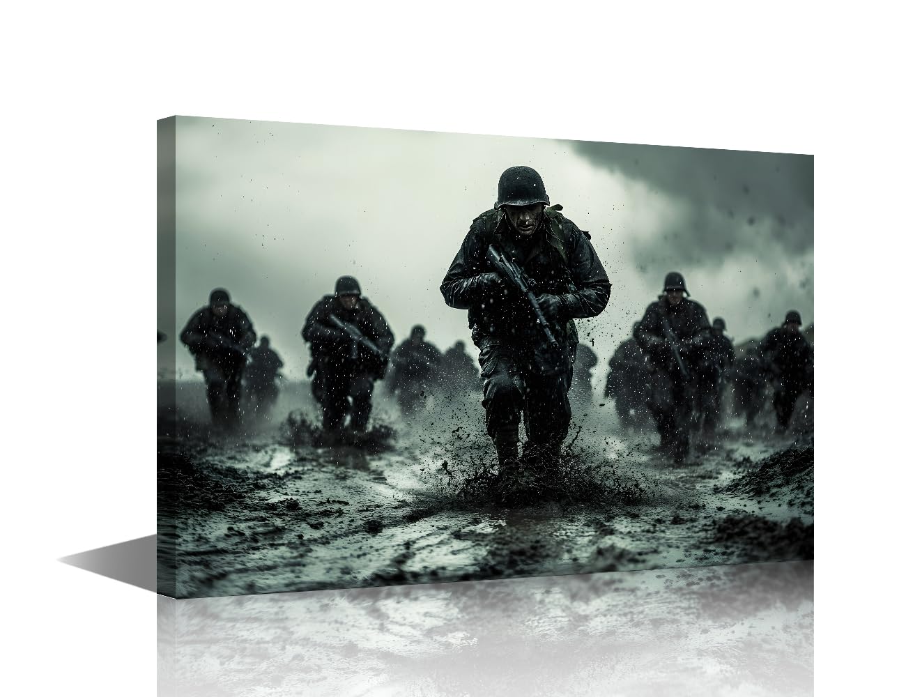 ‌Military Wall Art Torrential Frontline March‌ Framed Canvas Print Featuring Platoon Charging Through Muddy Trenches Under Grey Skies With Boot Splatter Effects And Squad Cohesion 24x16 in
