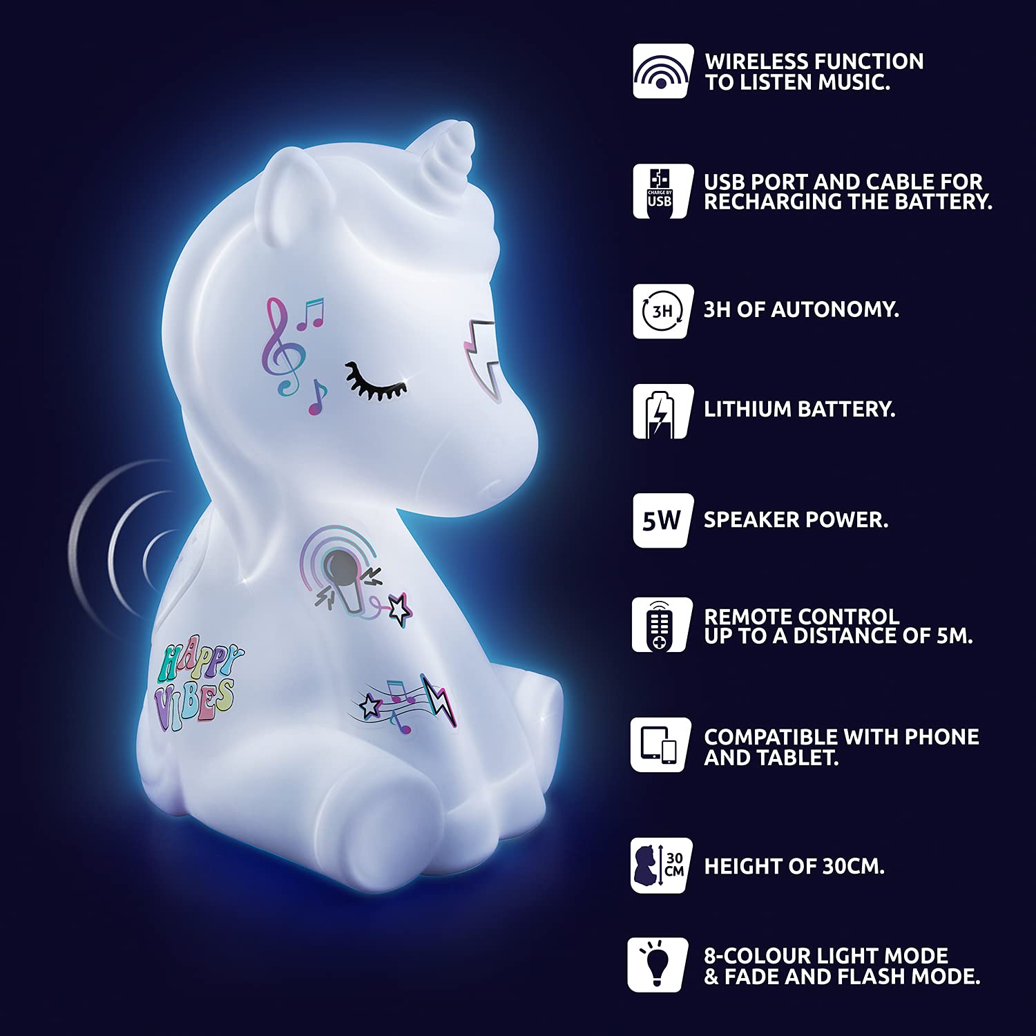 Canal Toys Einhorn-Lautsprecher, kompatibel mit Apple und Android, wiederaufladbar, 8 Leuchtmodi, perfekt für Kinderpartys, großer Komfort, 30 cm hoch, für Kinder ab 6 Jahren