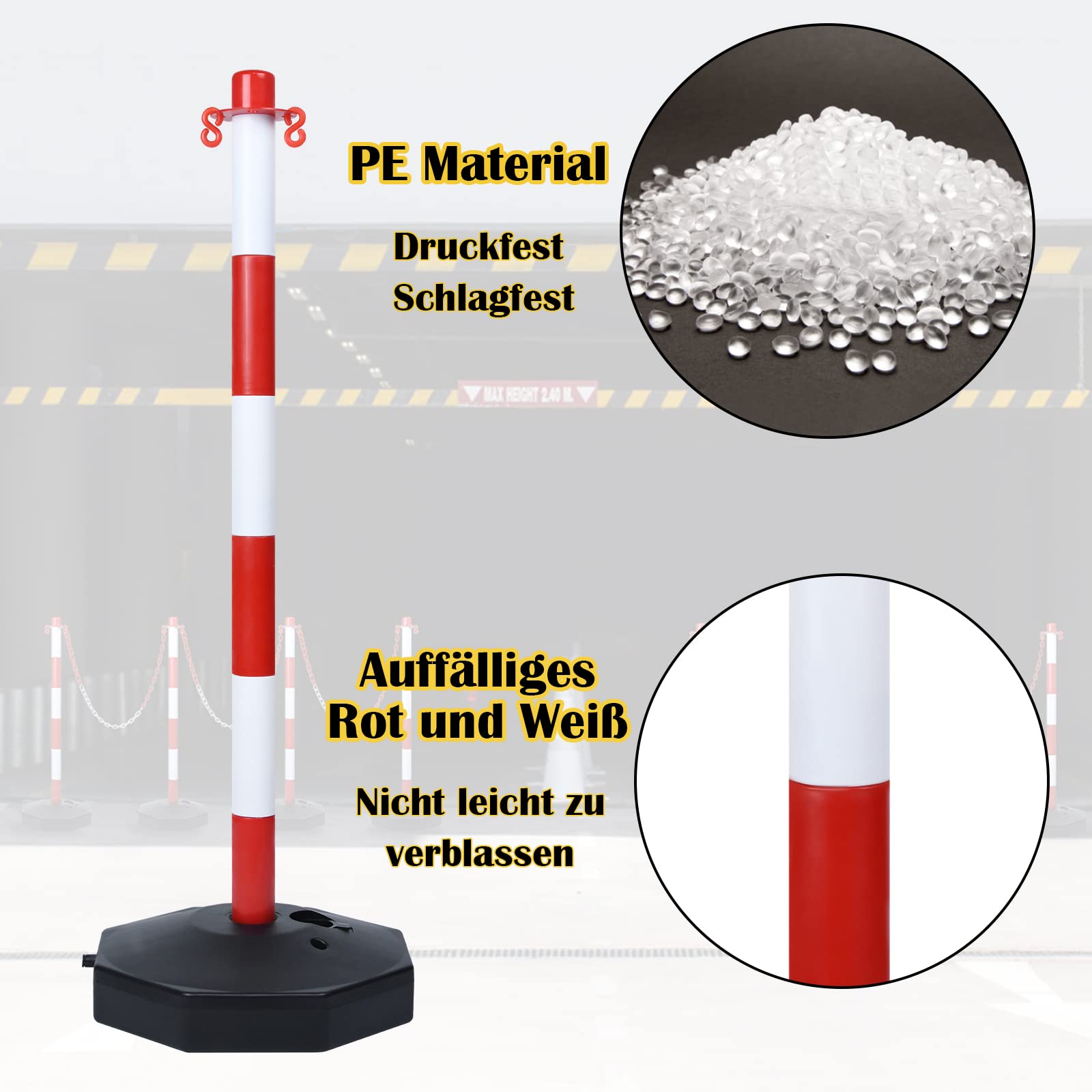 UISEBRT 4 Stück Absperrpfosten Kettenpfosten aus Kunststoff mit 4 Absperrketten von 140cm, Sperrpfosten mit Standfuß 82 x 28 x 28cm, für Verkehrskontrolle Warnung, Rot und Weiß