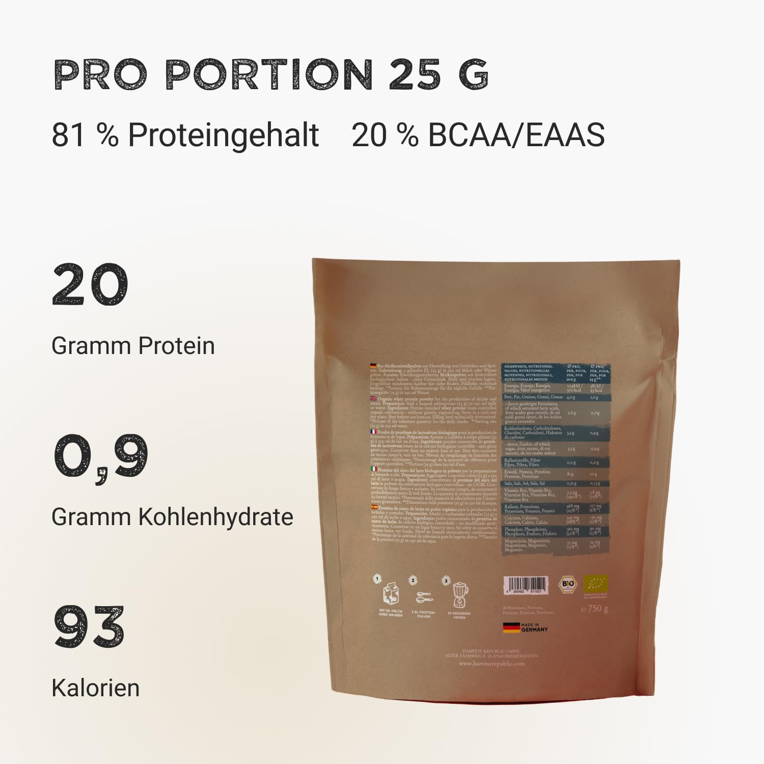 HARVEST REPUBLIC Bio Whey Protein Pulver Natur 750 g | Eiweiß Protein Pulver aus Molke | Molkenproteine für Muskelaufbau | bis zu 20 g Protein pro Portion | Bio Proteinpulver ohne Zusatzstoffe