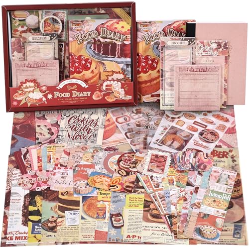 Image of Scrapbooking Supplies Kit, Vintage Culinary Aesthetic Scrapbook Kit for Bullet Junk Journal, Gourmet DIY Journaling Supplies with Recipe, Dessert, Kitchen, Cafe Elements, Unique Gift for Teens & Women