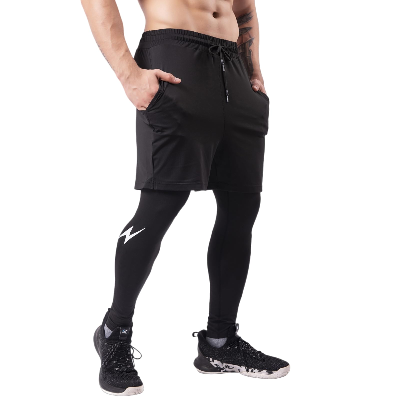 RuiChy Pantalons de Course 2 en 1 Homme Short Sport à Cordon Élastique à Séchage Rapide Pantalon de Compression au Signe Éclair, Fitness Legging Sport avec Poches pour Basketball Football