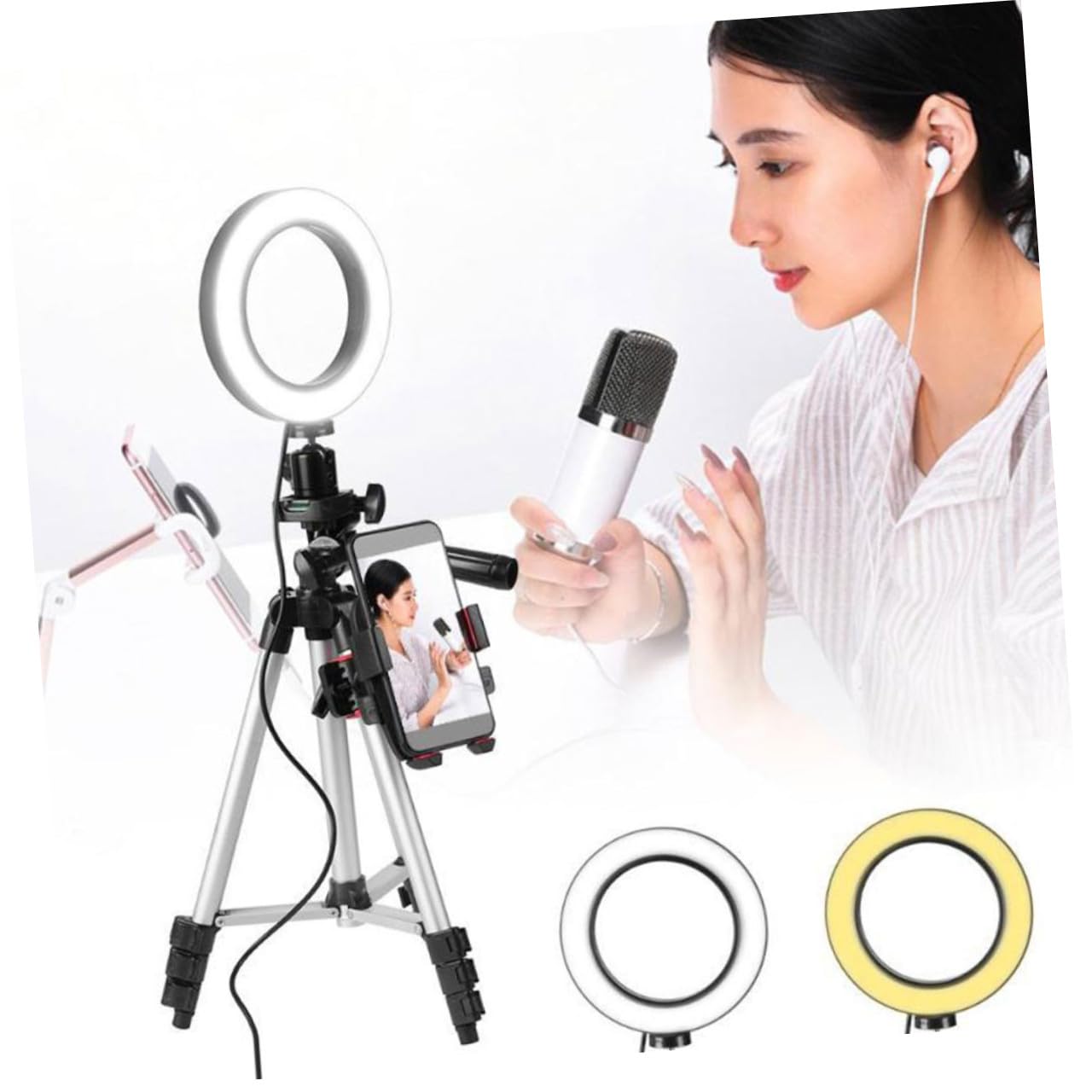 Mikinona Luce Anello LED con Treppiede Leggero per Streaming Live Video Youtube e Trucco Supporto Telefonico Multifunzionale con Controllo Sul Cavo e Alimentazione USB Colore Casuale