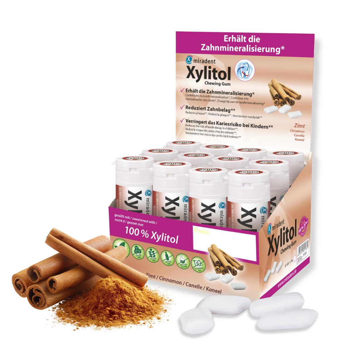 miradent Xylitol Zahnpflegekaugummi Zimt Display 12 St. | würziger Geschmack | zuckerfrei | vegan | kariespräventiv | für unterwegs