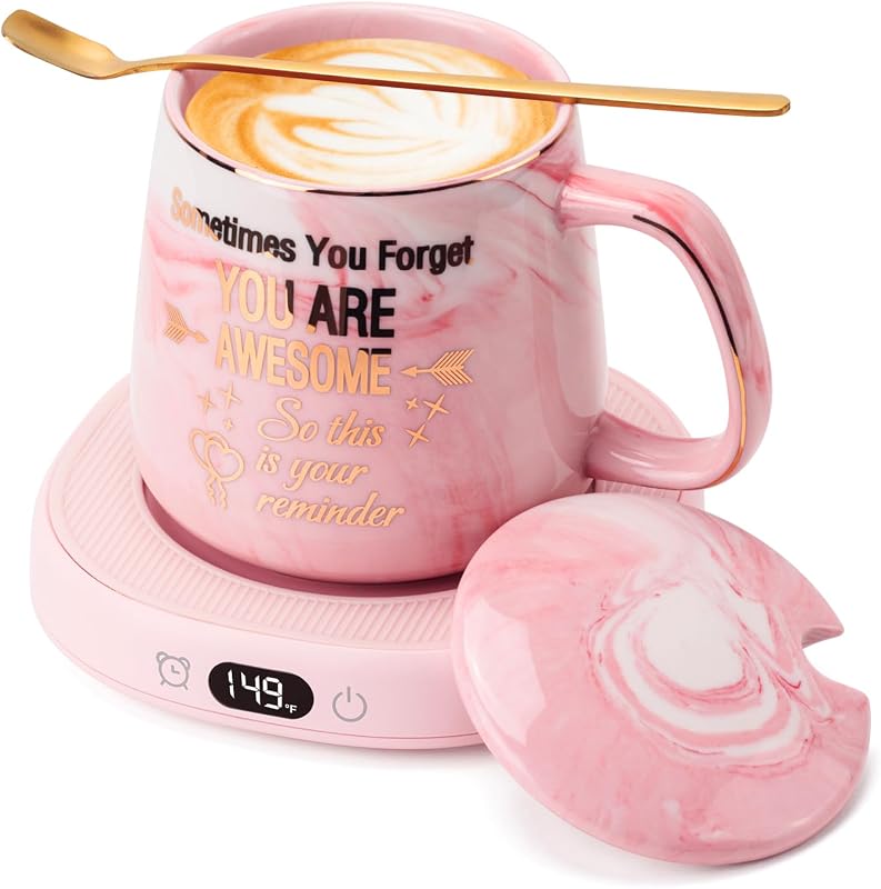 Calentador de tazas de café y juego de tazas You are Awesome, calentador de tazas eléctrico para escritorio | Plato calentador de bebidas para café, té, 4 ajustes de temperatura, apagado automático de 8 horas, taza de 14oz con cuchara y tapa incluidas