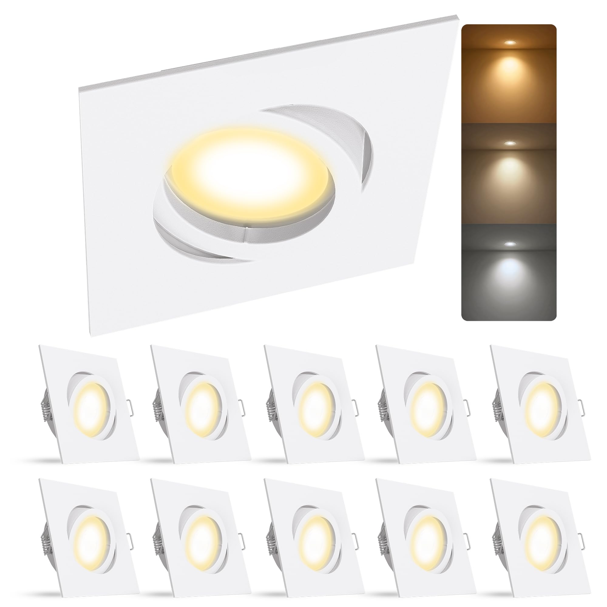 linovum 10 Stück LED Einbaustrahler 230V - mit 6W GU10 drei einstellbaren Lichtfarben 3CCT - Einbauspots eckig weiß schwenkbar