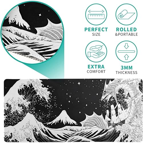 Image of Printed Gaming Mousepad - Large 11x23 Inch Desk Mat with Non-Slip Rubber Base, Smooth Surface & Stitched Edges - Japanese Waves Dragon Design for Office & Gaming Setup (Black & White)