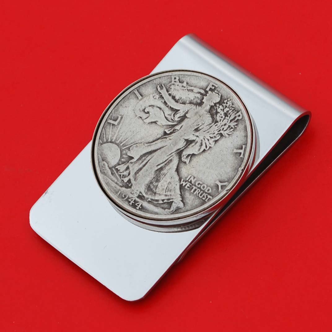 US 1944 Walking Liberty Half Dollar 90% Silver Coin Stainless Steel Money Clip NEW - Silver Plated Coin Bezel