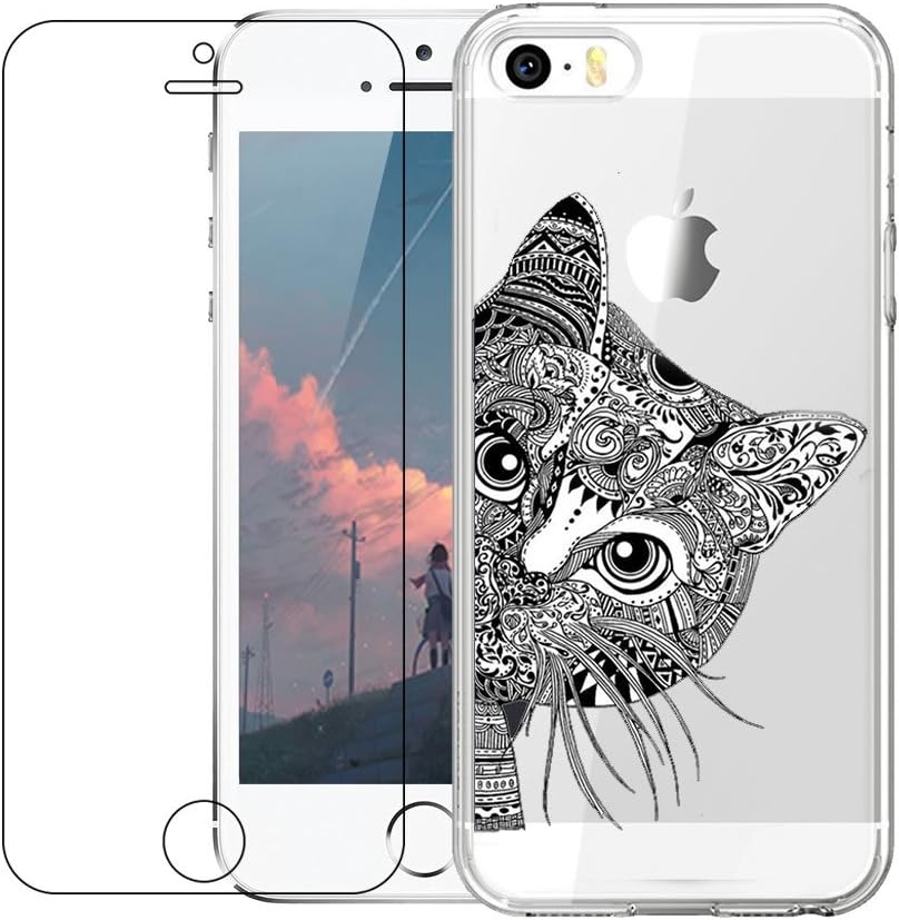 Compatible with iPhone 5 / 5S / SE 2016 Case, TPU Silicone Phone Case with Tempered Glass Screen Protector - Cat