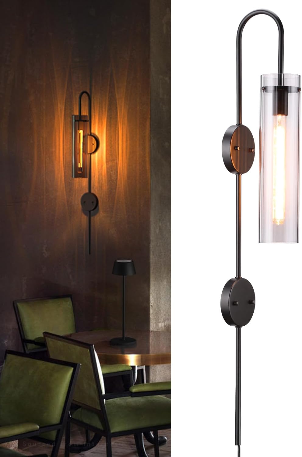 TORCHSTAR Indoor Wall Sconce, Ribbed Glass Shade, Black & Smoke Gray