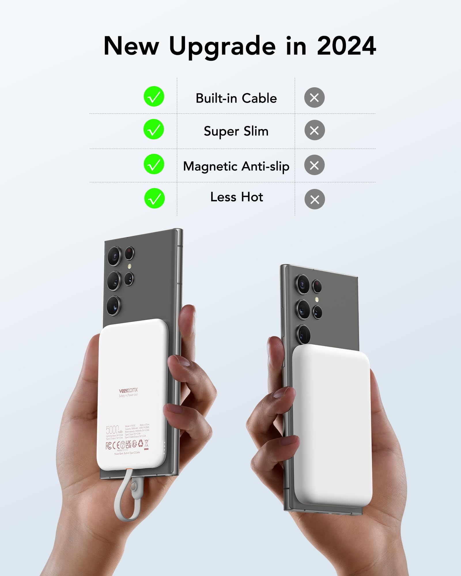 VEEKTOMX Slim Portable Charger, 5000mAh Lightweight Power Bank with Wired USB C Cable, Ultra Thin Battery Pack Compatible with iPhone 15/Plus/Pro/Samsung/Android(Non-Wireless Charging), White