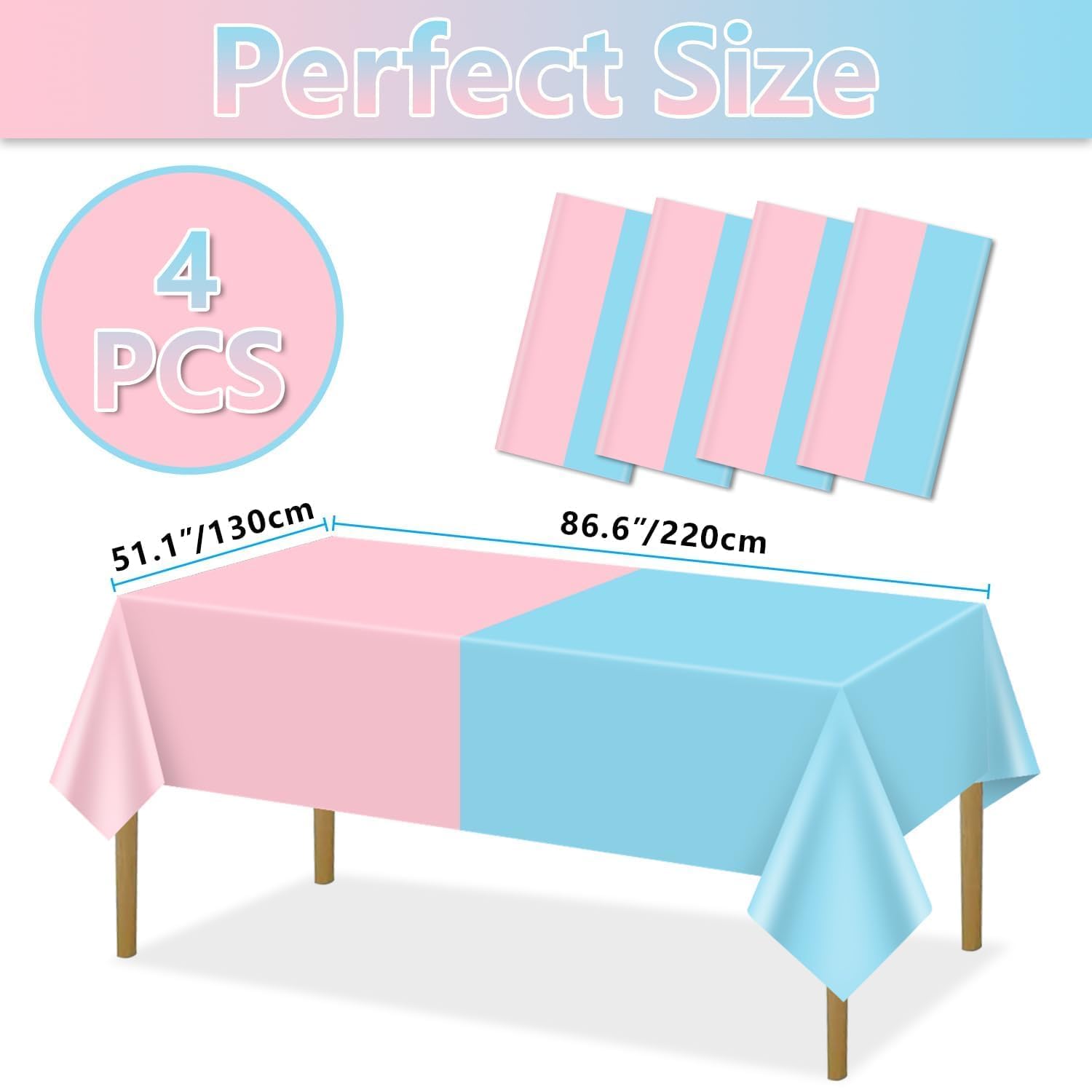 PTECDROTS 4Pcs Gender Reveal Table Cloths - Assorted Color Tablecloths Rectangular Pink and Blue Tablecloth for Boy or Girl Gender Reveal Party Supplies, 51 x 86.6 Inch