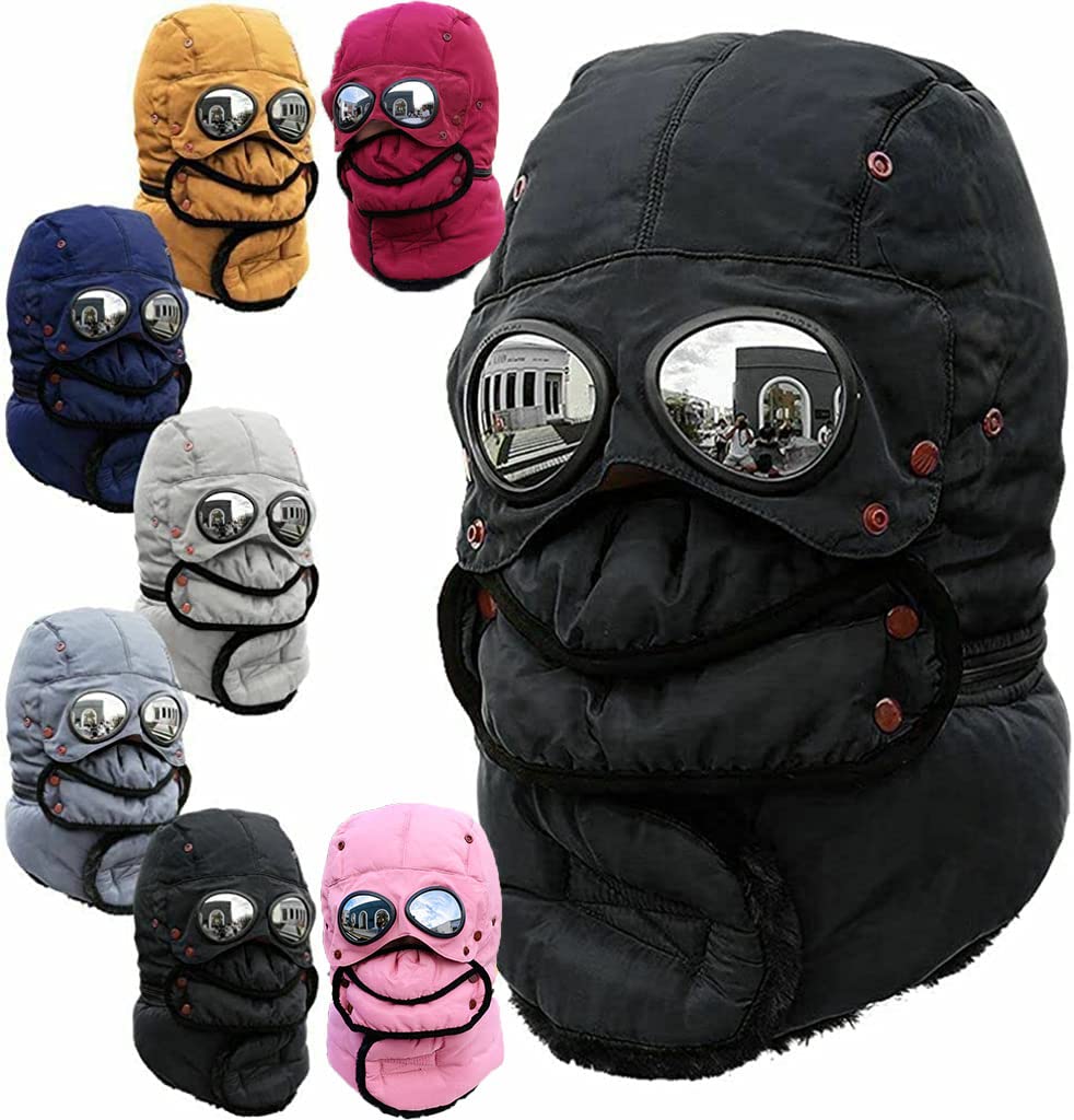Winter Thermal Trapper Hat with Glasses, Winter Cycling Windproof Ski Mask Cap (Black)