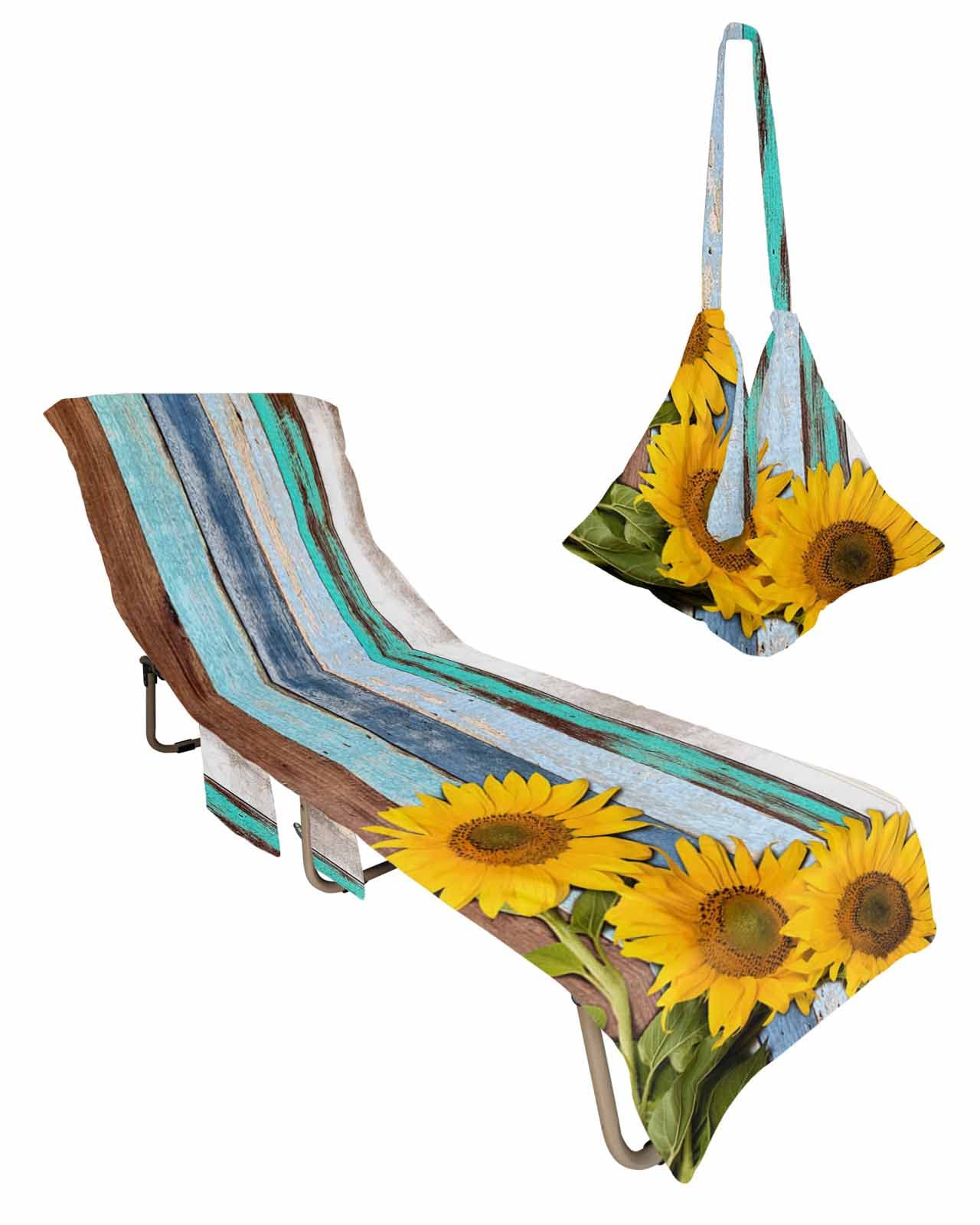 Rustic Sunflower Chaise Lounger Cover with Pockets, Pool Lounge Chair Covers 85