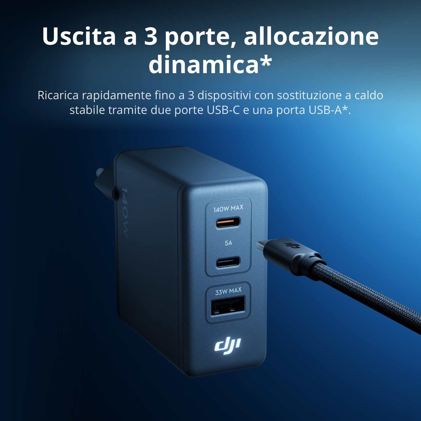 Combo di ricarica GaN da 140 W DJI Power con cavo da 7 A con display (1 m) | Uscita da 140 W, 3 porte, controllo della temperatura, ricarica rapida, PD 3.1, caricabatterie per computer portatili