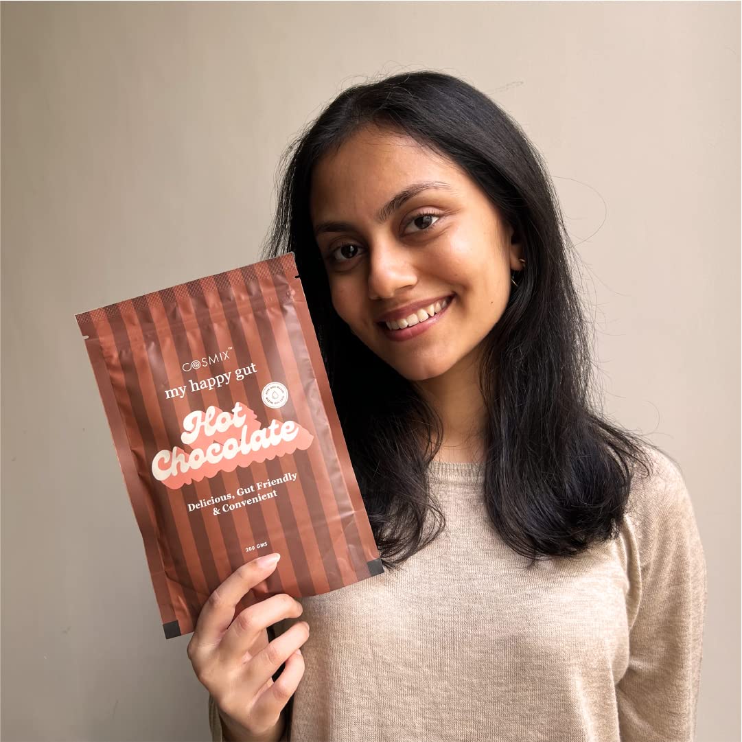 Cosmix - My Happy Gut Hot Chocolate | For Improved Digestion & Overall Gut Health | Zero Refined Sugar, No Preservatives | Vegan | Just add water & Enjoy | 200 gm - Makes upto 14 Cups