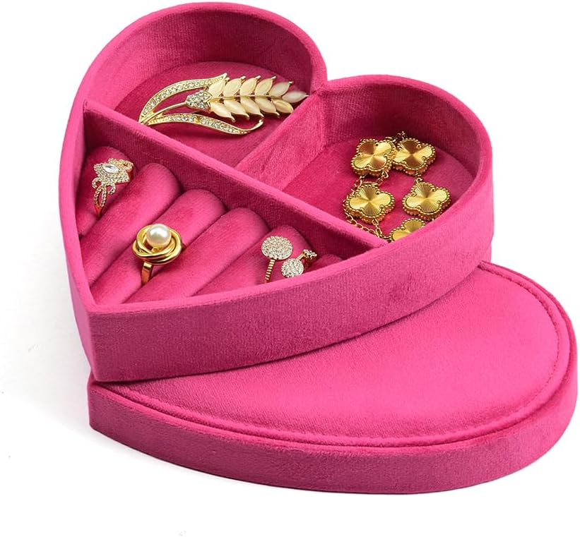 TAIMY Jewelry Box, Small Heart Shape Plush Velvet Jewelry Box for Women and Girls, Portable Jewelry Holder Organizer for Rings Earrings Bracelets (Bright Pink)